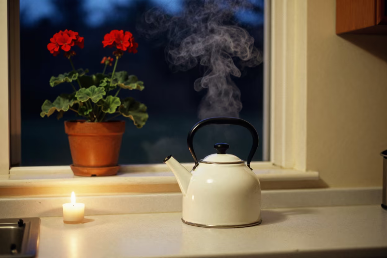 Kettle Steam Curling Past Winter Geraniums in in a cozy kitchen near Multan