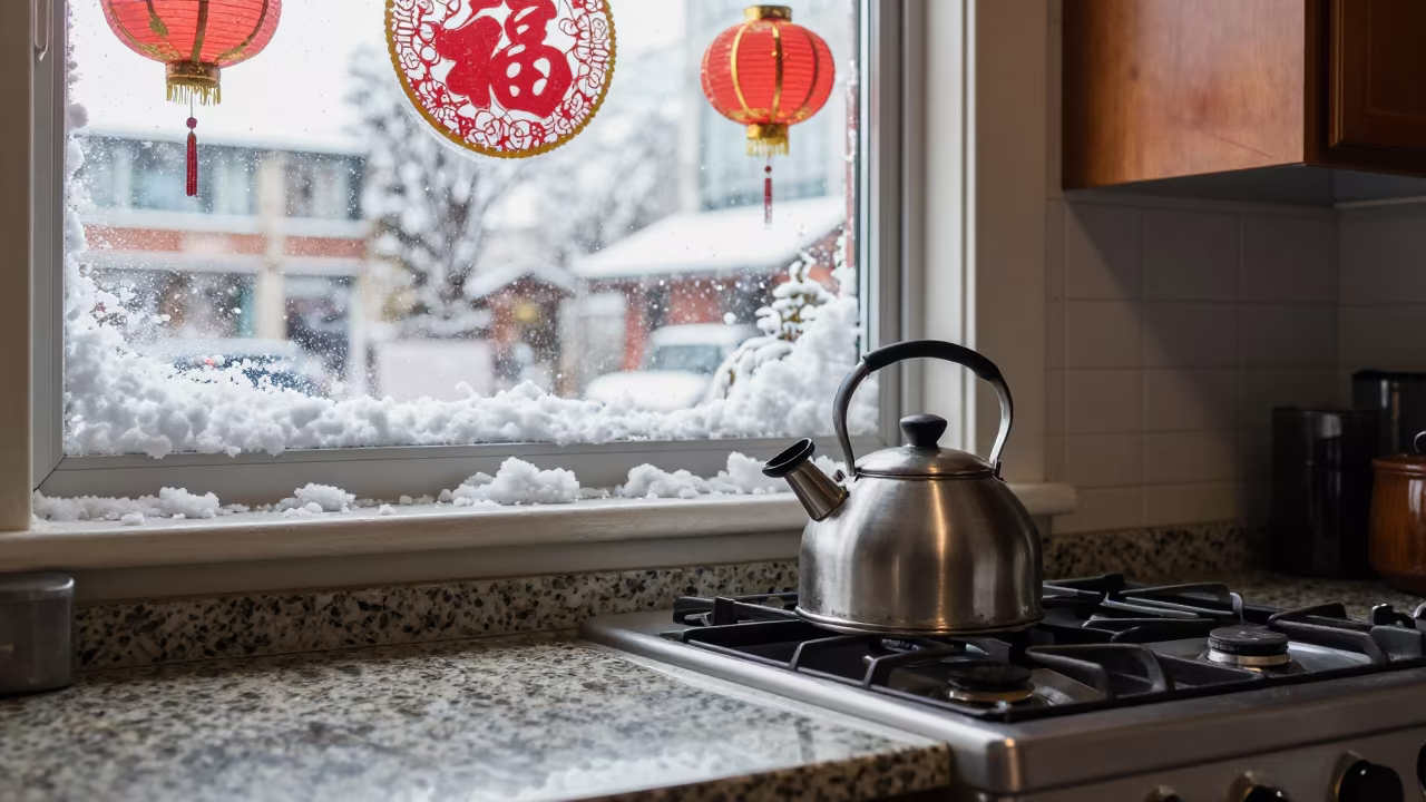Kettle Steaming on Stove in Chinatown Kitchen in in a cozy kitchen in Chinatown, Vancouver