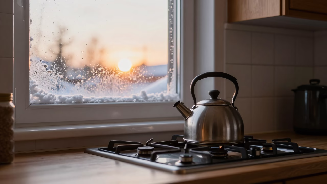 Kettle Steaming on Stove in Stockholm Kitchen in in a cozy kitchen in Djurgarden, Stockholm