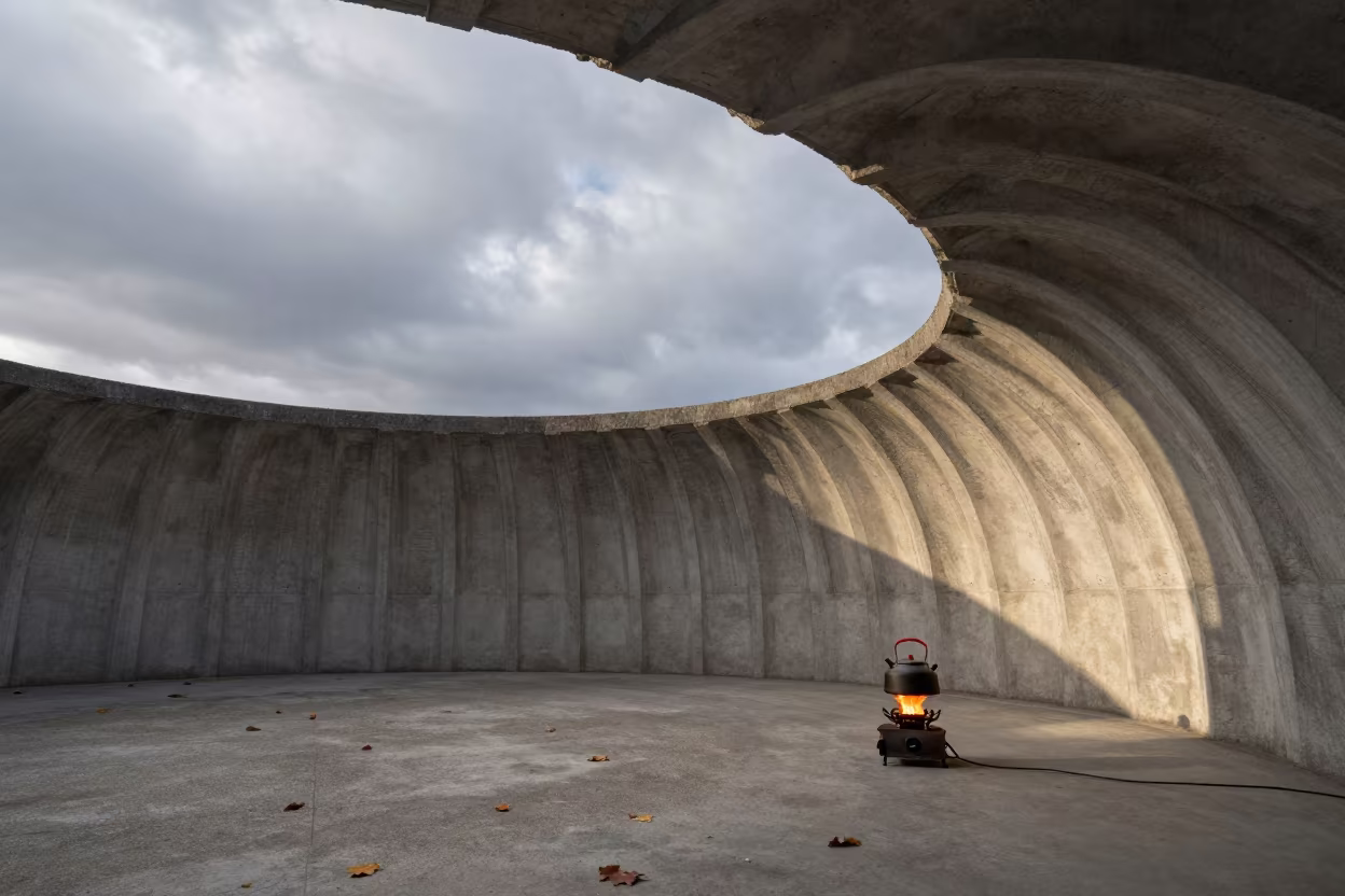 Kettle on Stove in Concrete Yurt Lobby in inside a ribbed concrete lobby near Montpellier