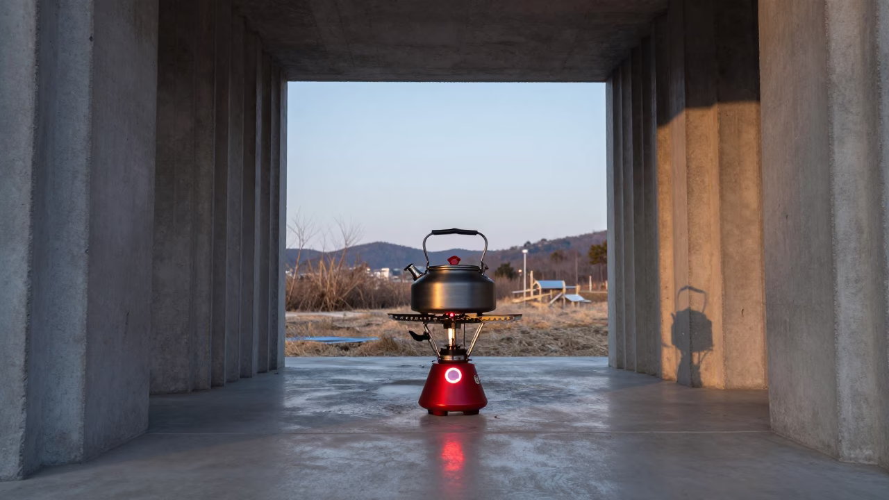 Kettle on Stove Inside Concrete Yurt Lobby in inside a ribbed concrete lobby in Gwangju