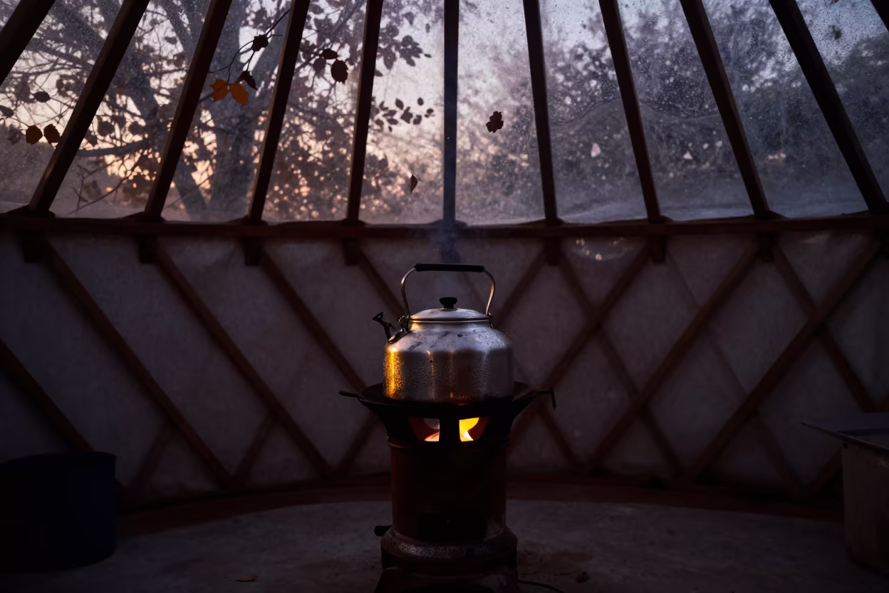 Kettle on Stove in Jalandhar Yurt Atrium in inside a vaulted atrium in Jalandhar