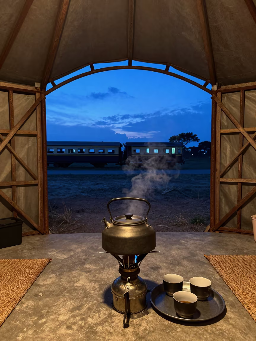 Kettle on Stove Inside Sittwe Yurt at Twilight in inside a restored train terminal near Sittwe