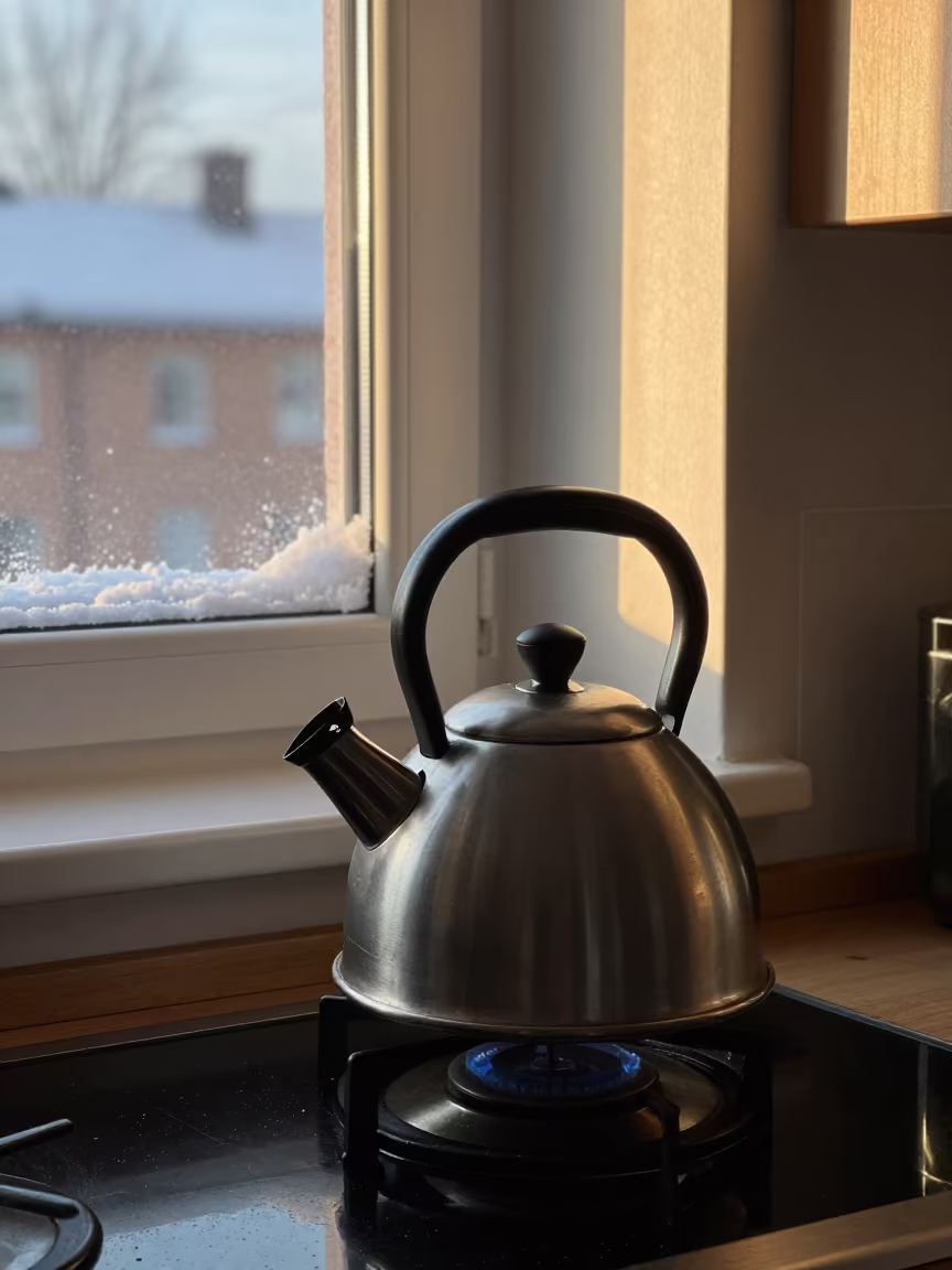 Kettle on Stove Snow Against Glass Helsinki in in a cozy kitchen near Helsinki