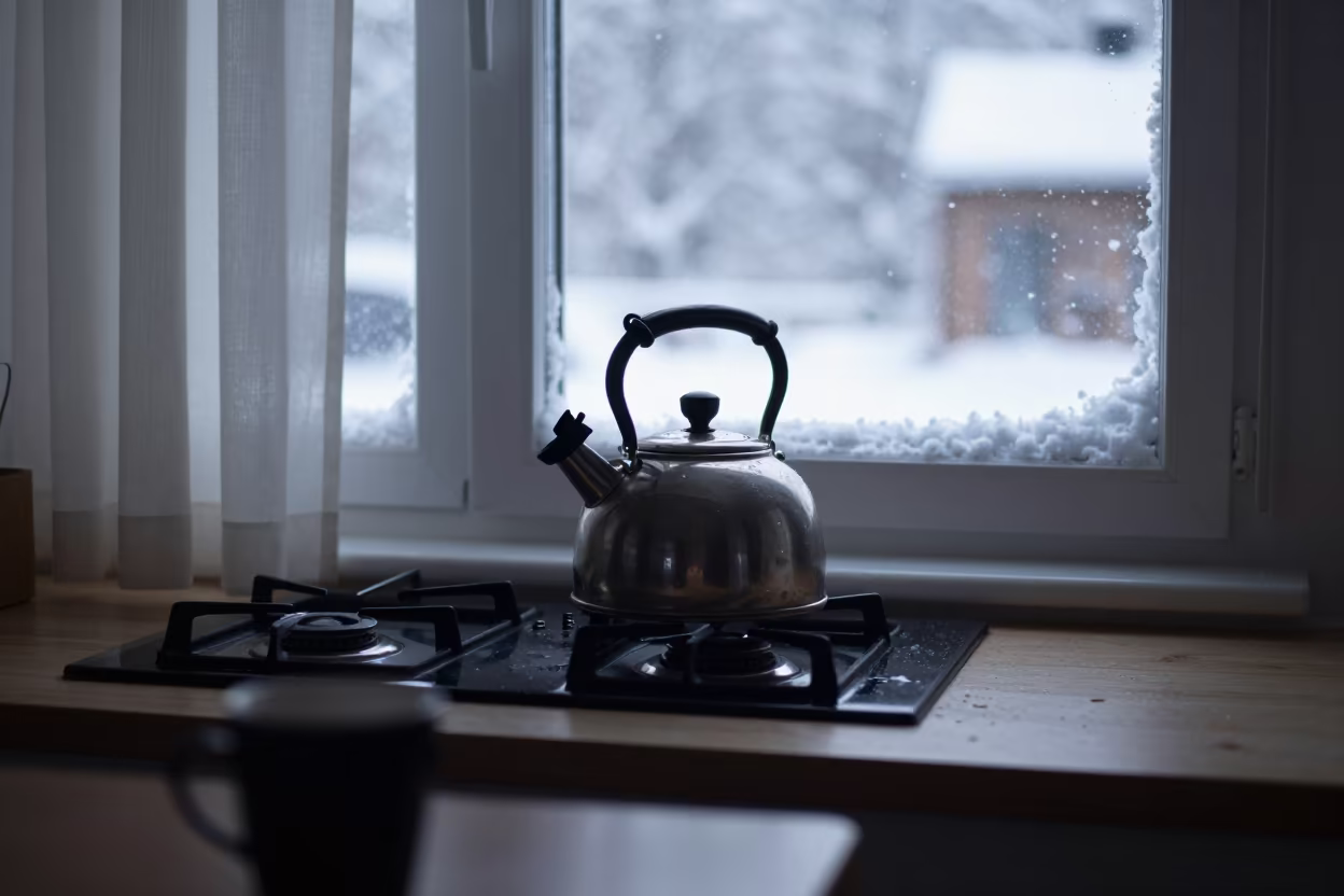 Kettle on Stove Snow Outside Stockholm Window in in a breakfast nook in Stockholm