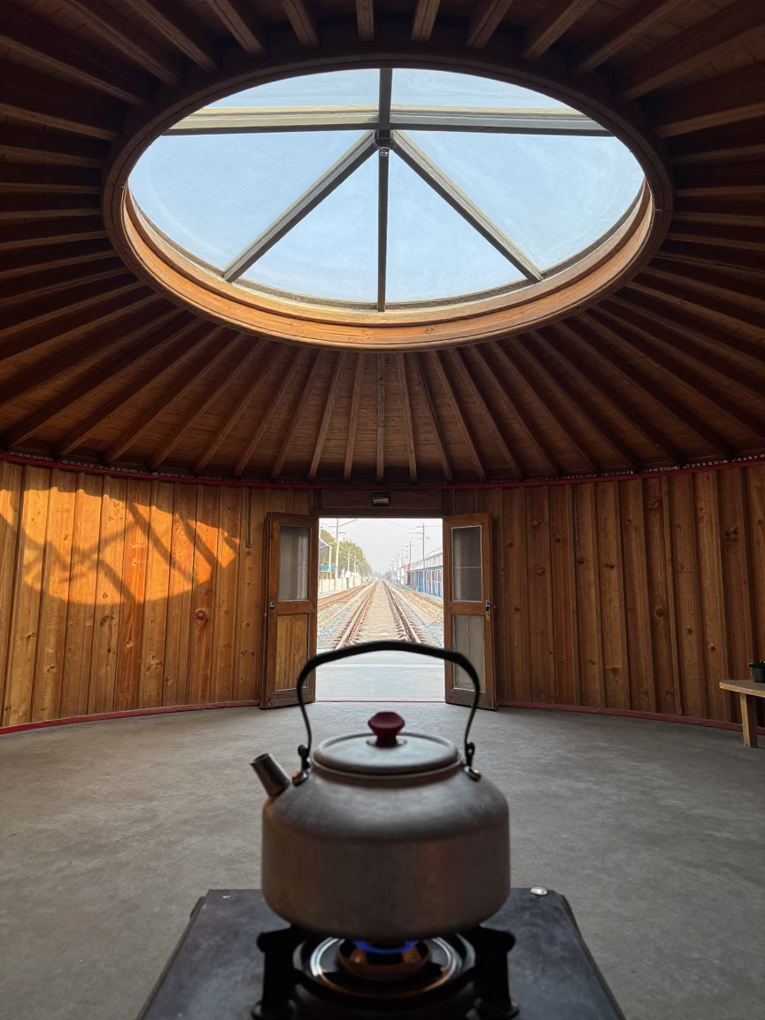 Kettle on Stove in Suzhou Train Terminal Yurt in inside a restored train terminal in Suzhou