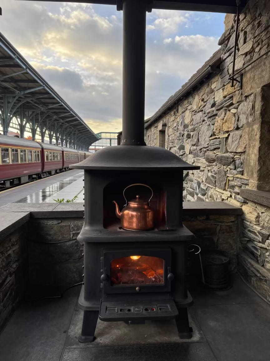 Kettle on Stove in Train Terminal Stone Cottage in inside a restored train terminal near Jaranwala