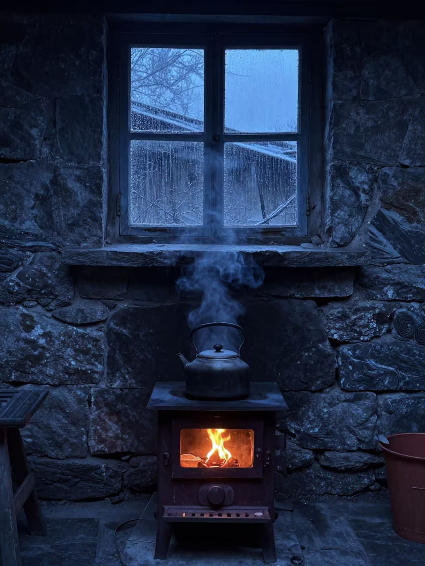 Kettle Whistling on Iron Stove in Stone Cottage in inside a skylit passageway near Jalandhar