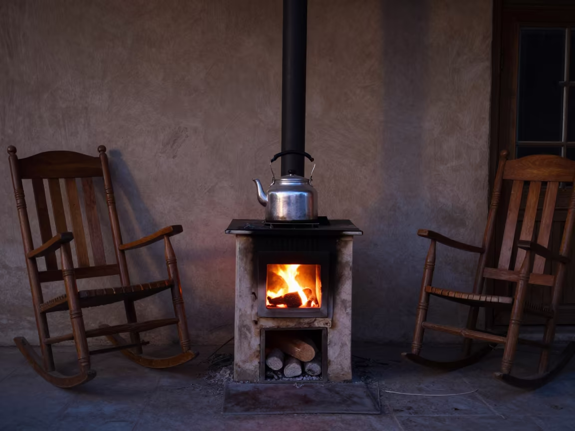 Kettle on Wood Range in Kabul Porch Twilight in on a porch with a rocking chair in Kabul