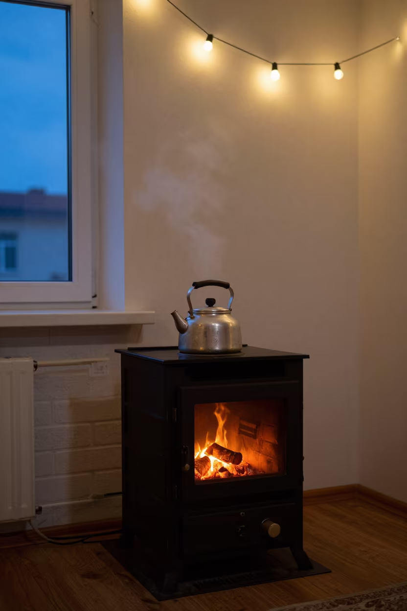 Kettle on Wood Range Twilight Novosibirsk in by a crackling fireplace in Novosibirsk