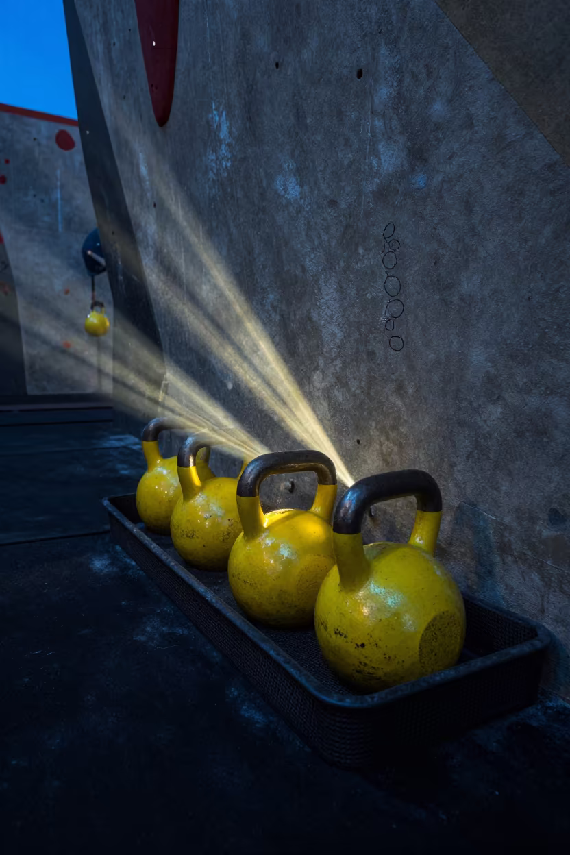 Kettlebell Handle Brush in Neon Gym Light in inside a climbing gym warmup zone in Santiago de Cuba