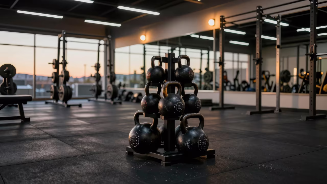 Kettlebell Rack Before Class Anchorage in inside a barbell room under cool LEDs in Anchorage
