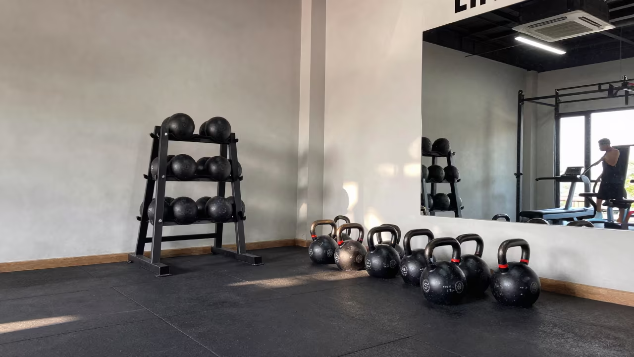 Kettlebell Rack and Chalk Marks in Taunggyi Gym in inside a strength room in Taunggyi