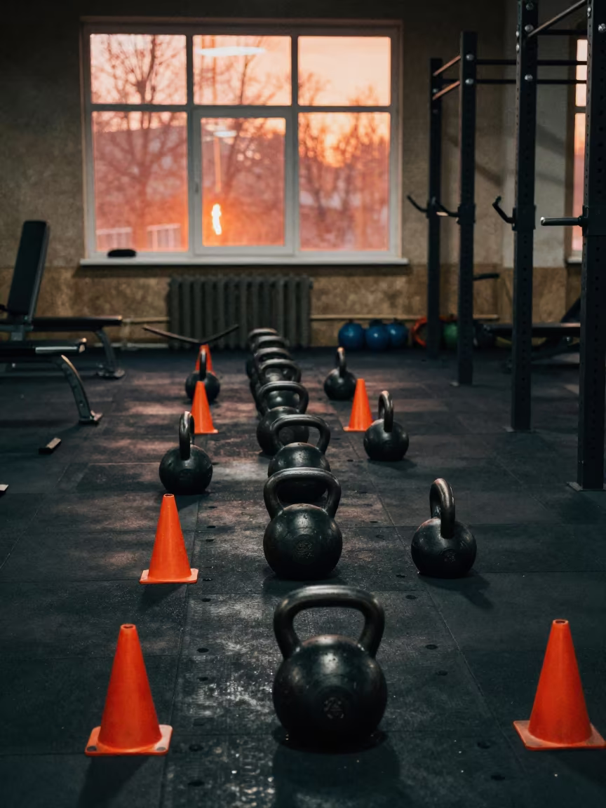 Kettlebells and Cones on Sled Track in Aktobe Gym in inside a strength room in Aktobe