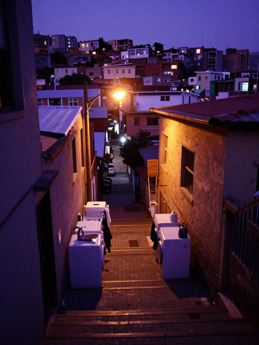 Kettles after dark in Valparaiso in in Valparaiso, Chile