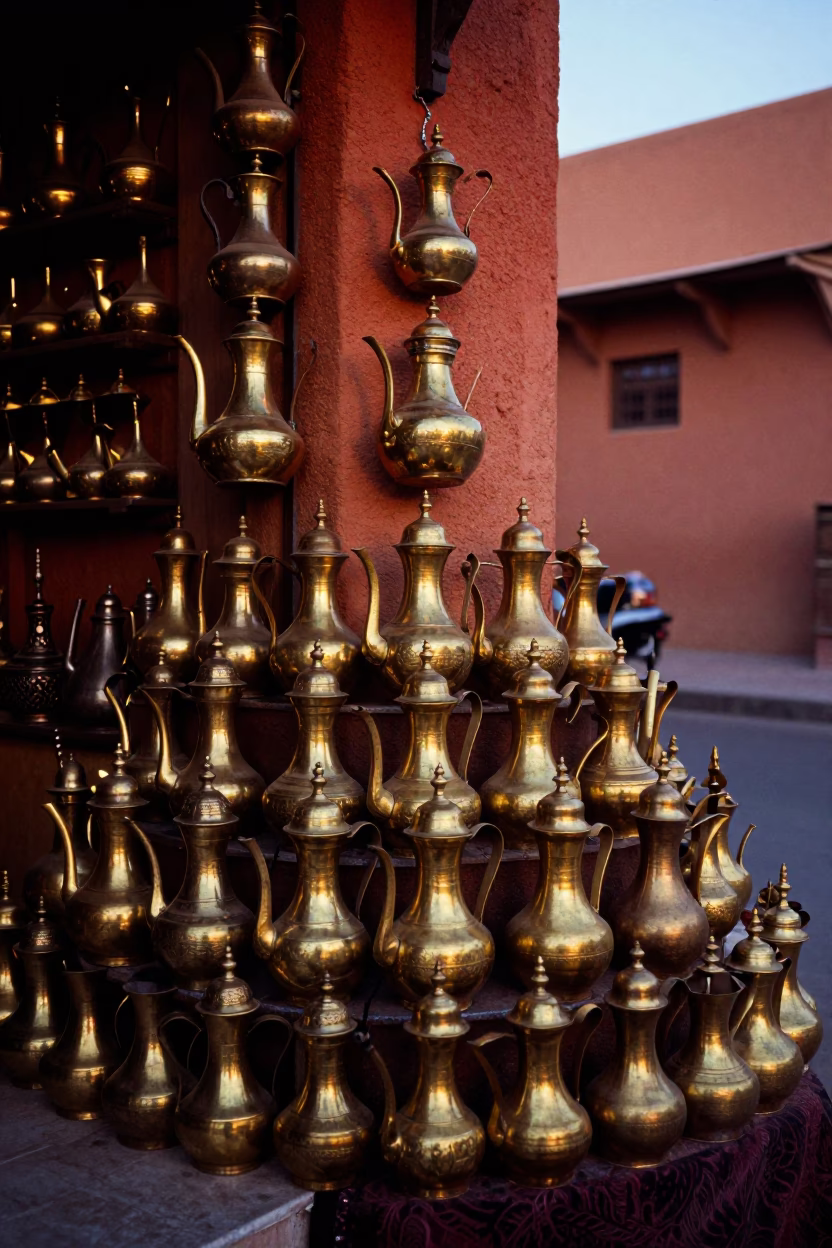 Kettles Displayed in Marrakech at The Early Evening Light in in Marrakech, Morocco