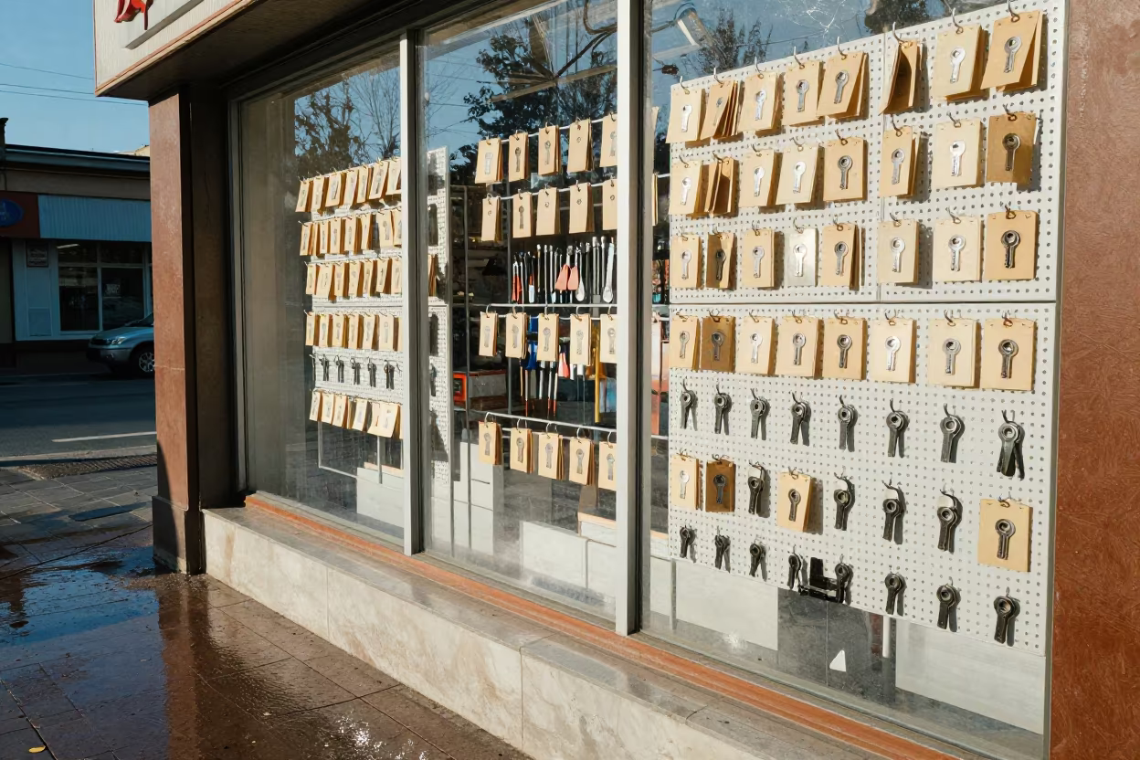 Key Blank Display on Store Pegboard After Rain in outside a shop window after rain near Namangan