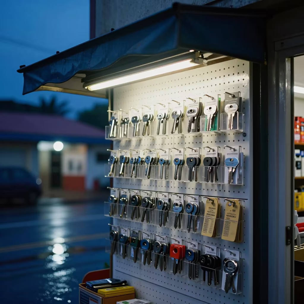 Key Blank Display on Store Pegboard at Blue Hour in beneath a shop awning at blue hour in Cap-Haïtien