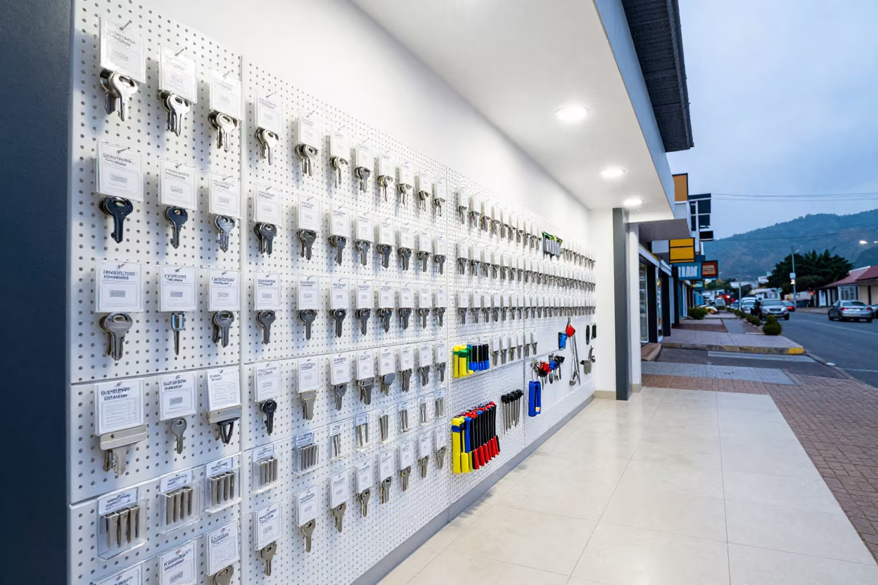 Key Blank Display on Store Pegboard in outside a lit retail frontage after dark in Conakry