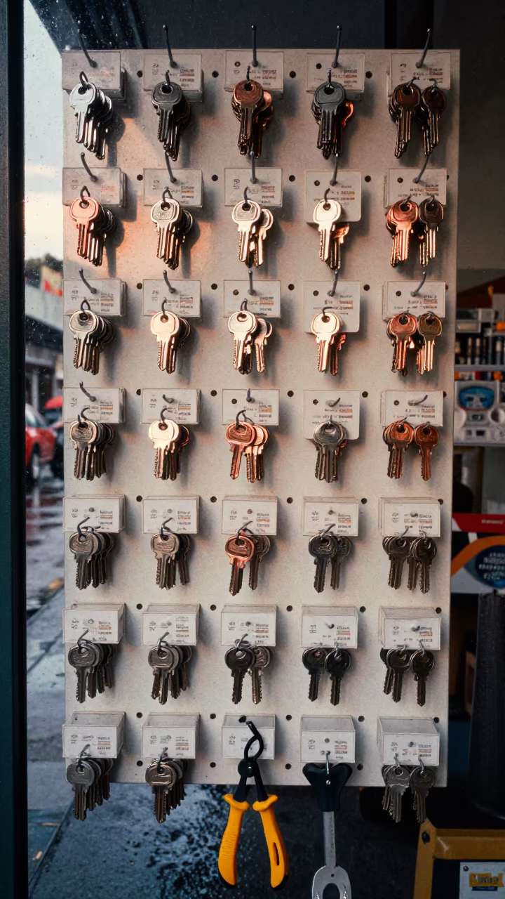 Key Blank Display Storefront Santa Cruz Wet Street in along a storefront glass line on a wet street near Santa Cruz de la Sierra