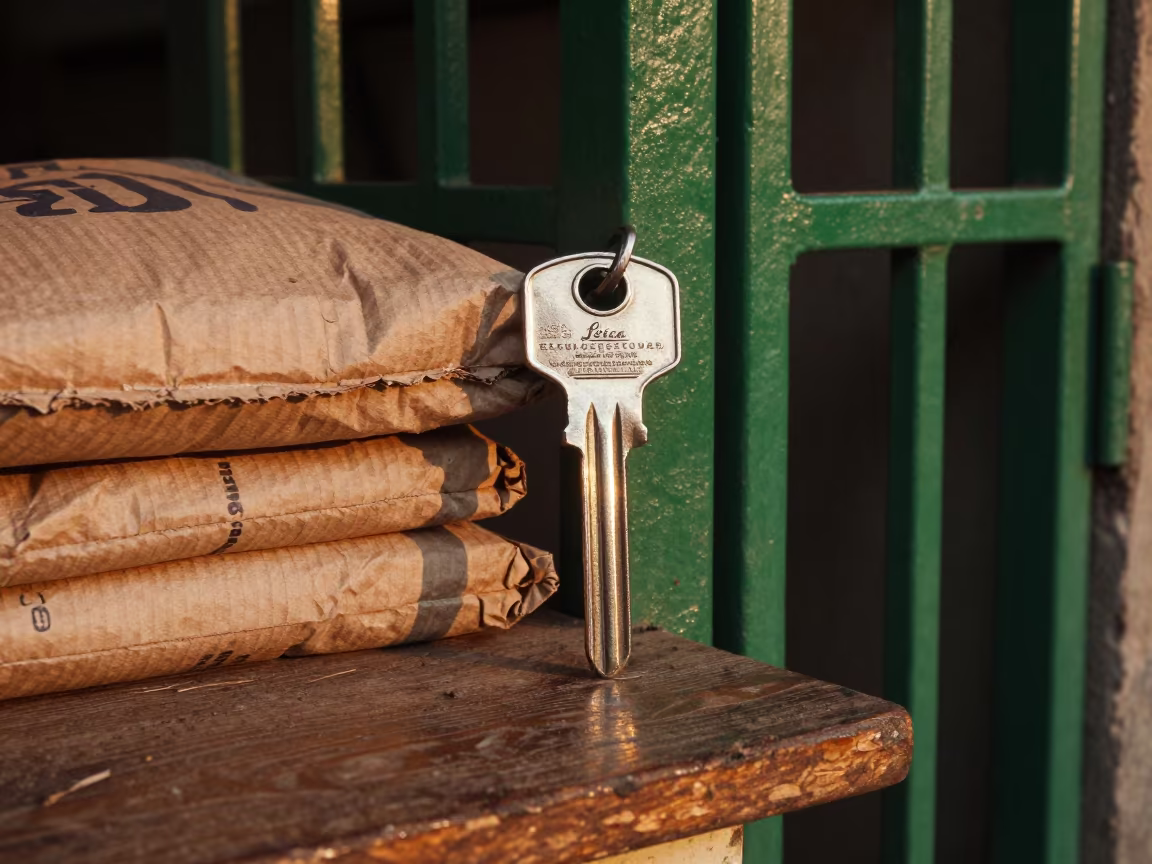 Key Blank on Green Gate Near Mumbai in on a grocer's counter with stacked paper sacks near Mumbai