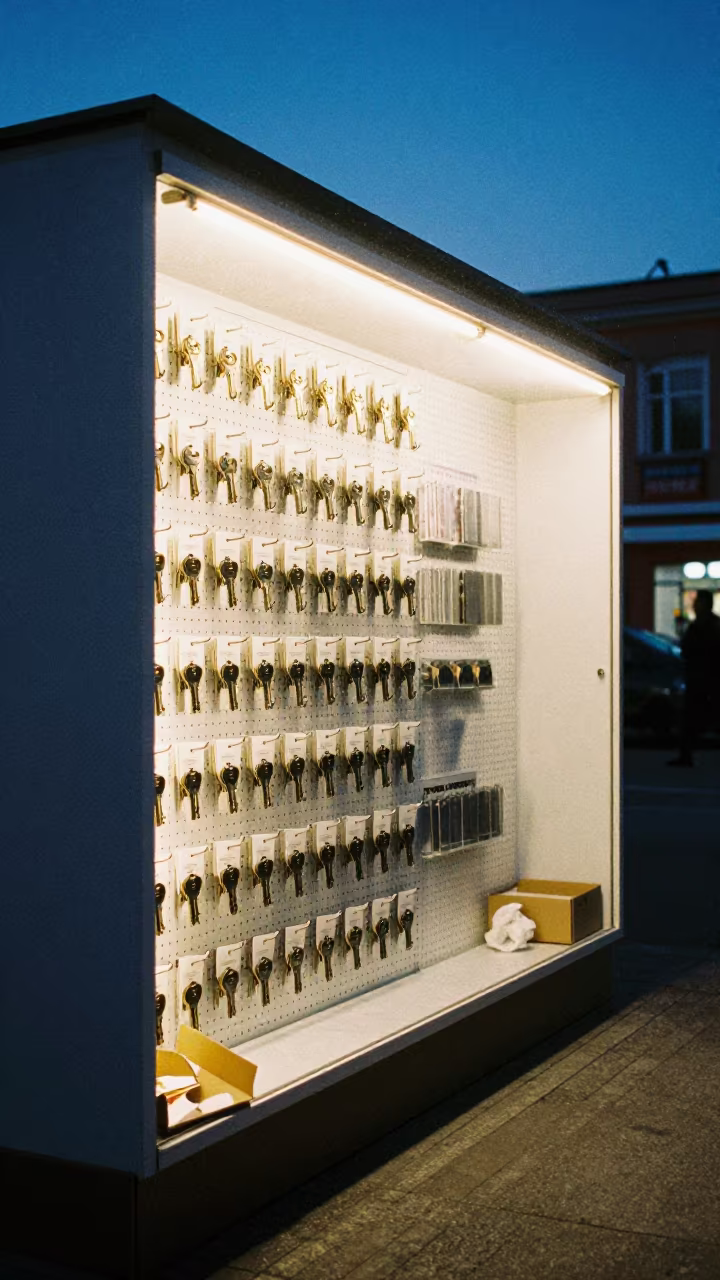 Key Blank Pegboard Outside Store Novosibirsk in outside a lit retail frontage after dark in Novosibirsk