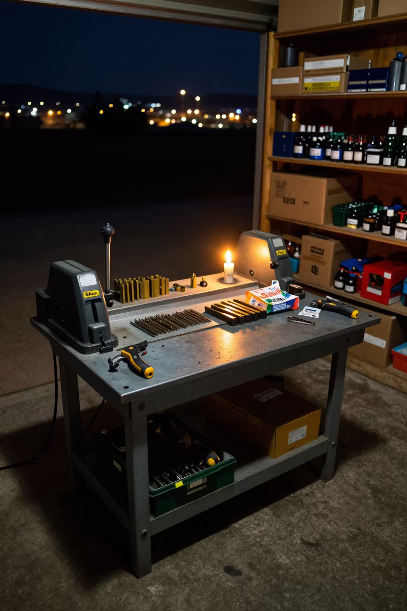 Key Cutting Bench in Nkongsamba Stockroom at Dusk in inside a stockroom behind the sales floor in Nkongsamba