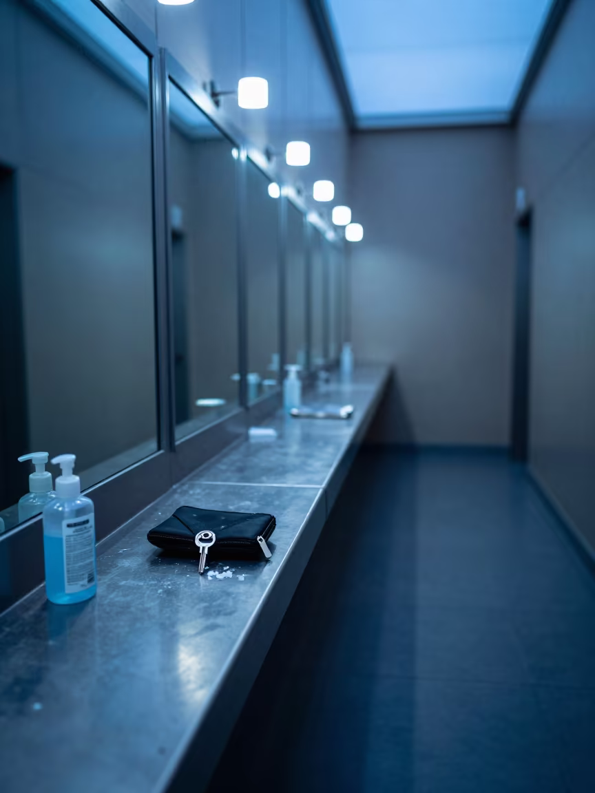 Key Pouch Under Blue Twilight Light in Tbilisi Fitting Room in inside a fitting room corridor in Tbilisi