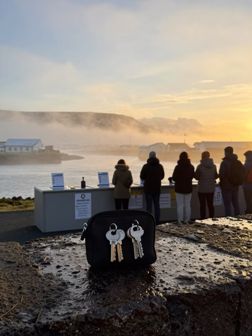 Key Pouch at Foggy Iceland Harbor Sunset in beside a fogbound harbor mouth in Iceland