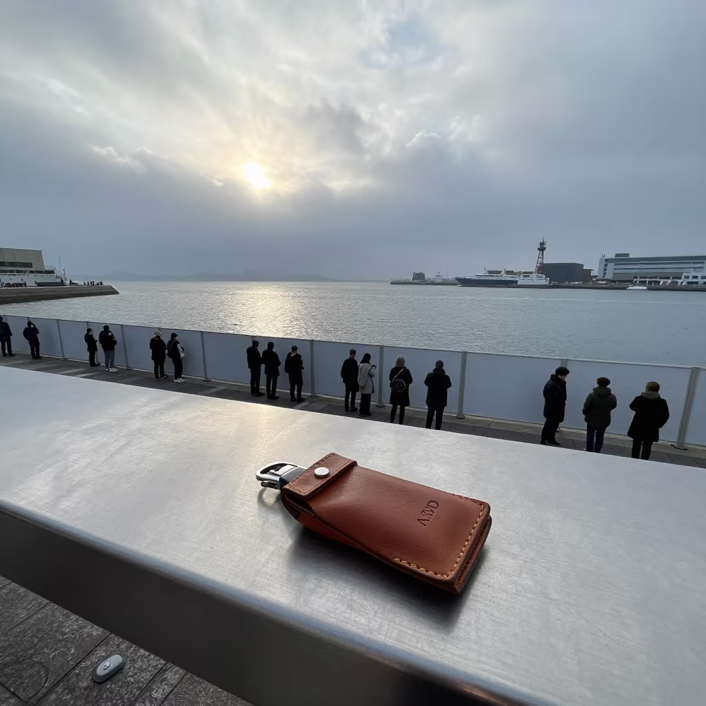 Key Pouch on Harbor Counter in Sapporo Light in beside a fogbound harbor mouth near Sapporo
