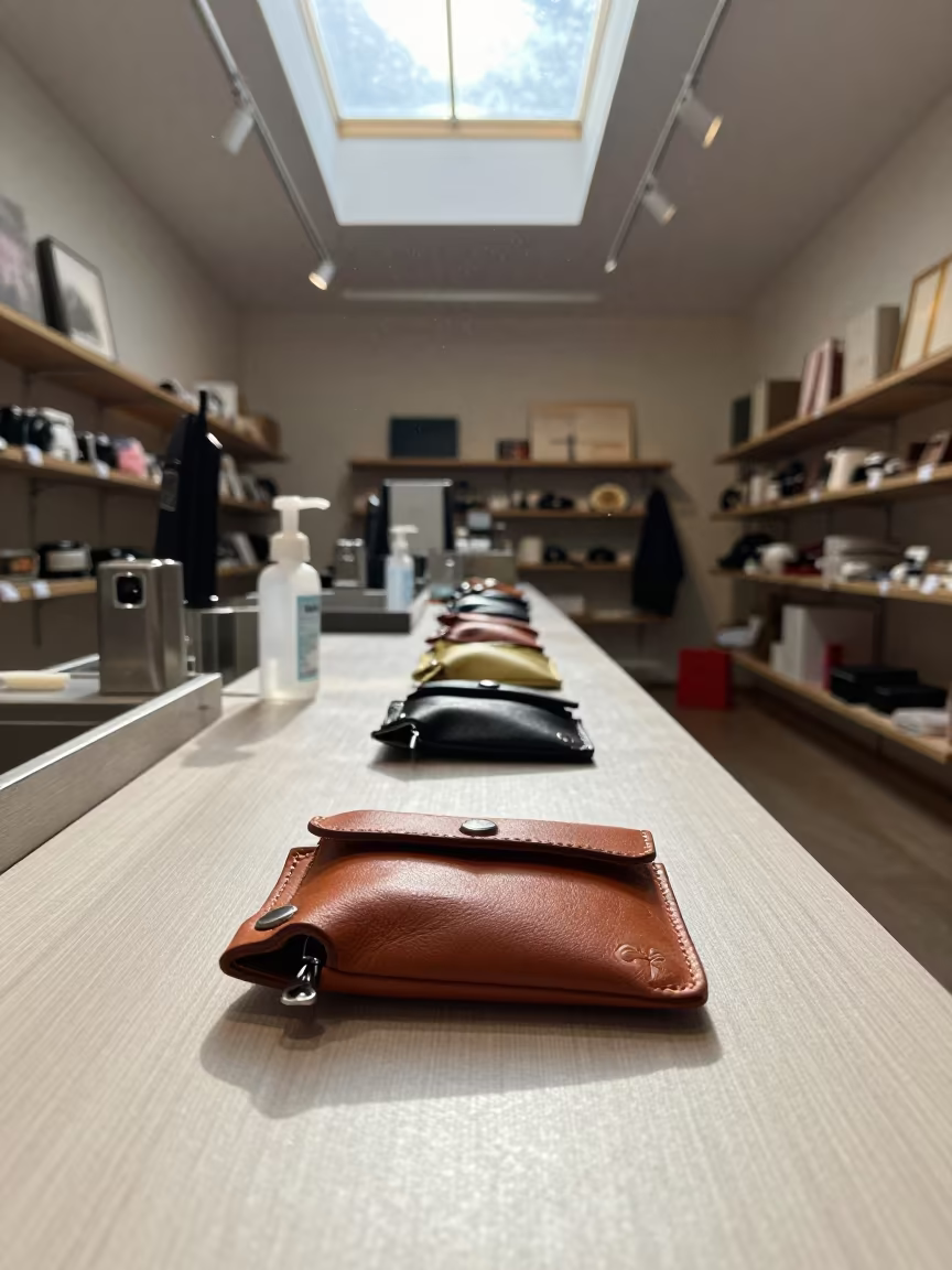 Key Pouch on Retail Counter Late Afternoon in inside a storefront prepared for opening in Bradford
