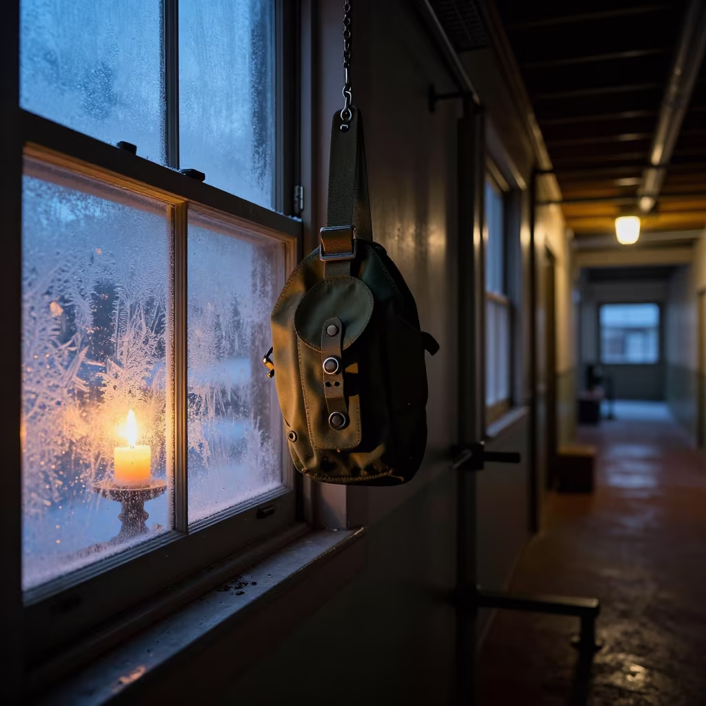 Key Pouch Silhouette in Winter Barracks Corridor in inside a barracks corridor near Treme, New Orleans
