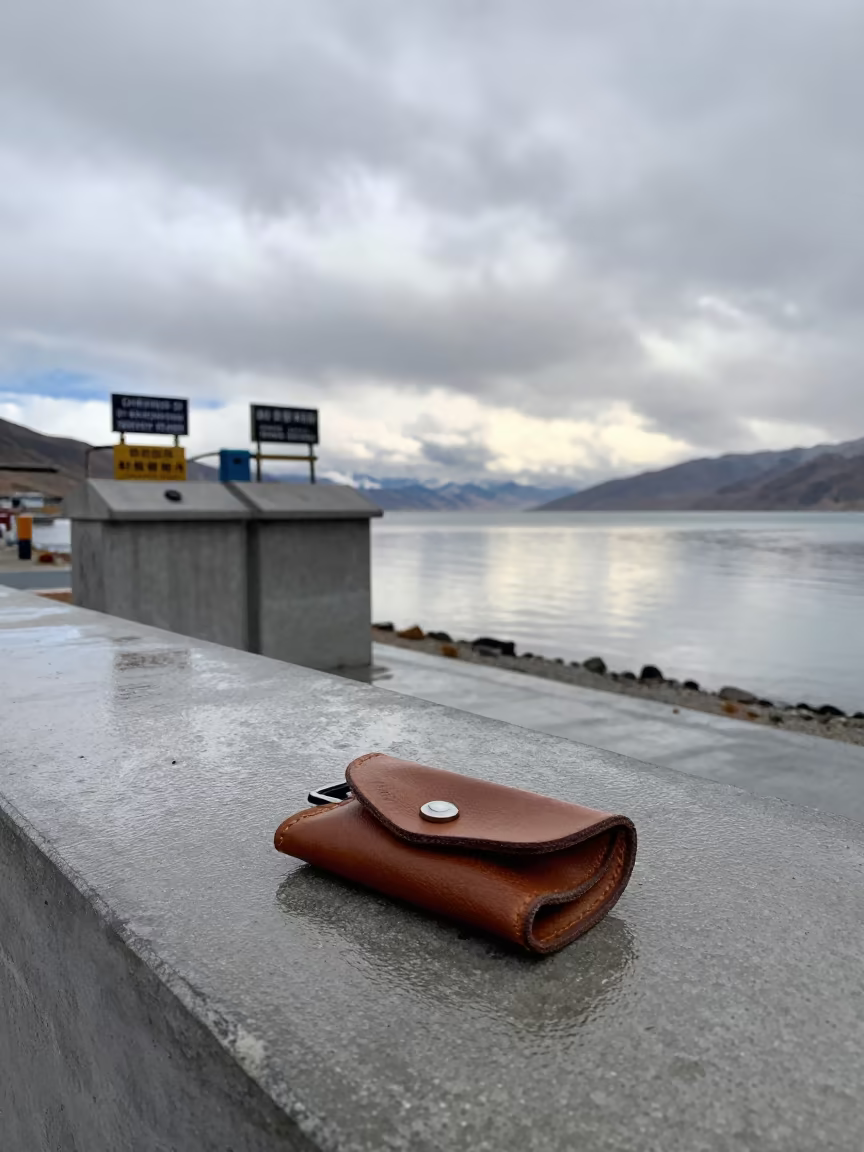 Key Pouch on Tibetan Causeway Near Service Desks in on a wind-open causeway in Tibet