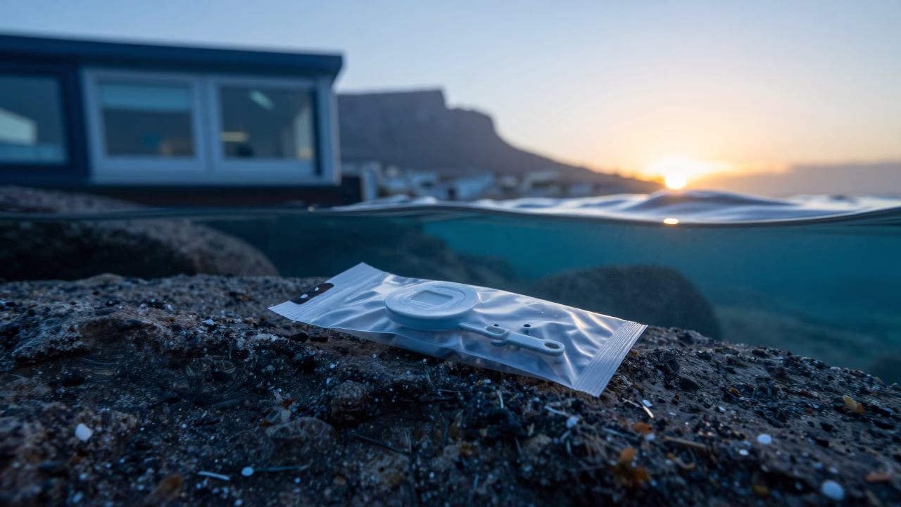 Key Return Seal Bag Underwater Cape Town Ledge in beside a tide-cut rock ledge under clear water in Cape Town