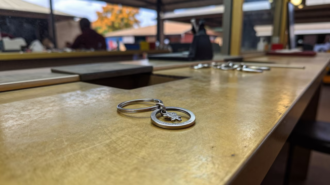 Key Ring Tester on Goldsmith Bench Mbabane in at a goldsmith bench in a bazaar jewelry lane near Mbabane