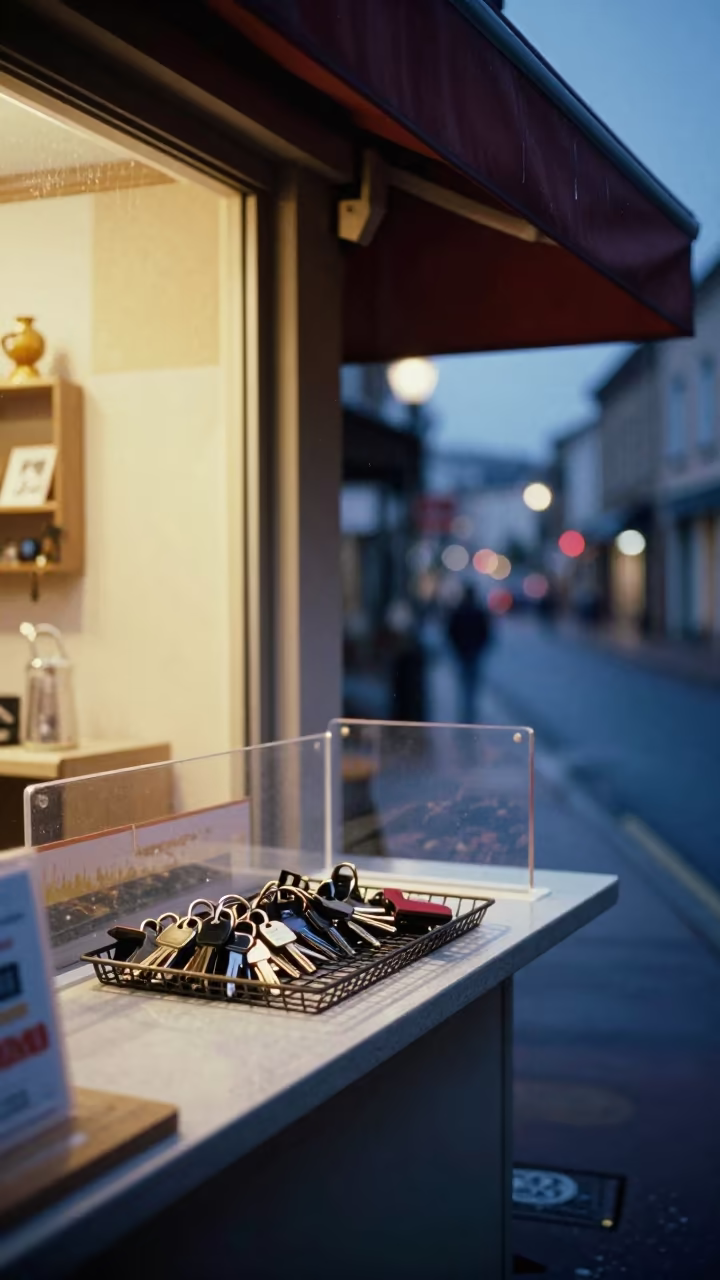 Key Tray Display Under Store Awning Blue Hour in beneath a shop awning at blue hour near Soubré