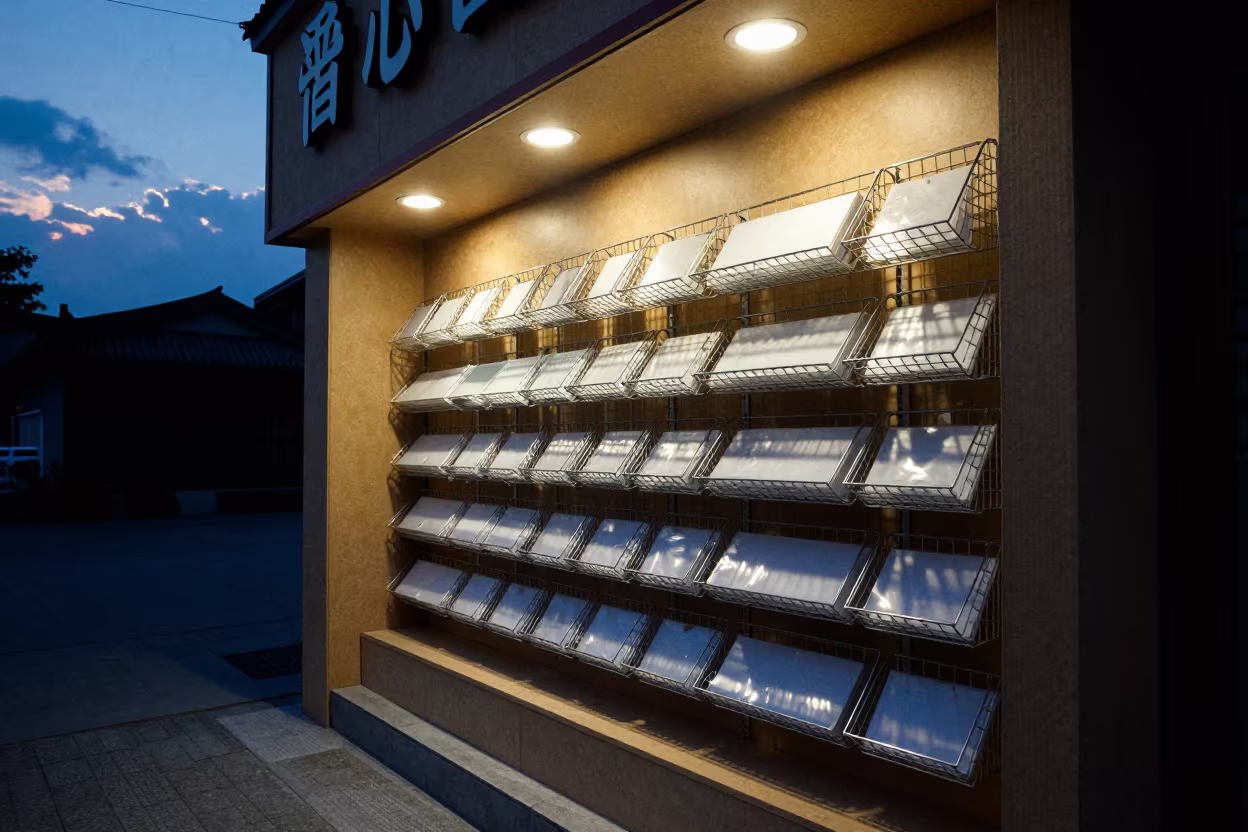 Key Tray Display at Zhangjiajie Storefront in outside a lit retail frontage after dark near Zhangjiajie