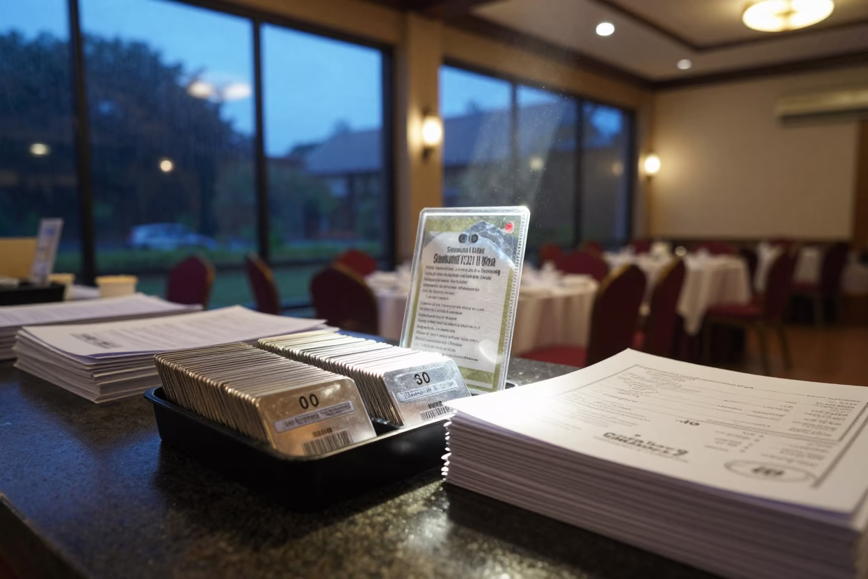 Keycard Tray on Service Counter in Semarang Hall in inside a banquet hall before service in Semarang