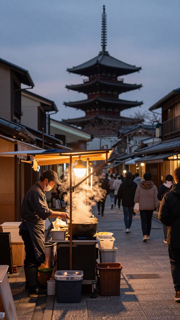 Kha Gai in Kyoto at Copper-toned Light Before Dusk in in Kyoto, Japan