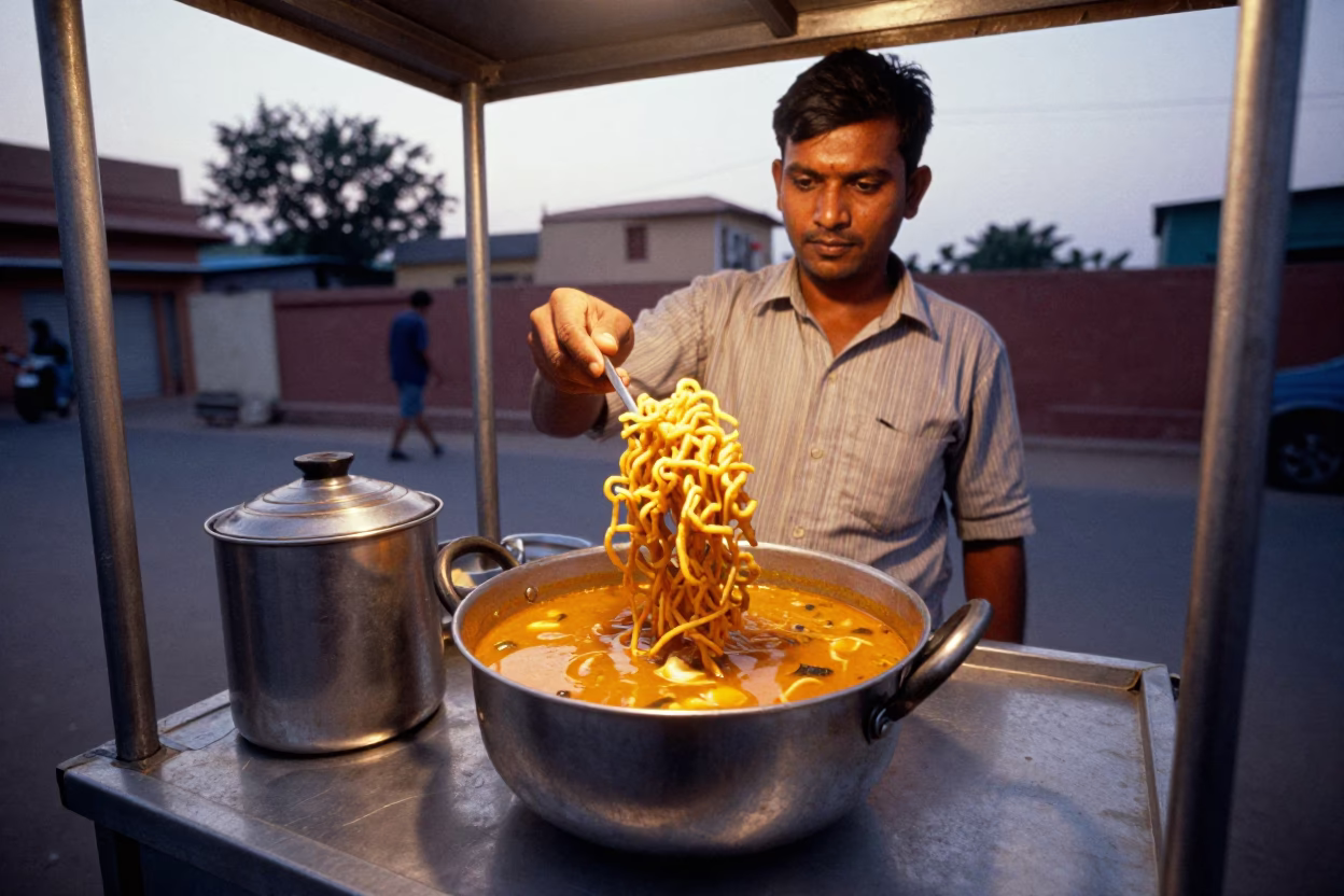 Khao Soi in Jaipur at Copper-toned Light Before Dusk in in Jaipur, India