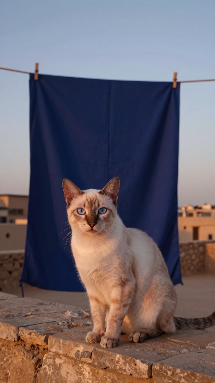 Khaomanee Cat and Indigo Fabric in Luxor Dusk Light in in Luxor, Egypt