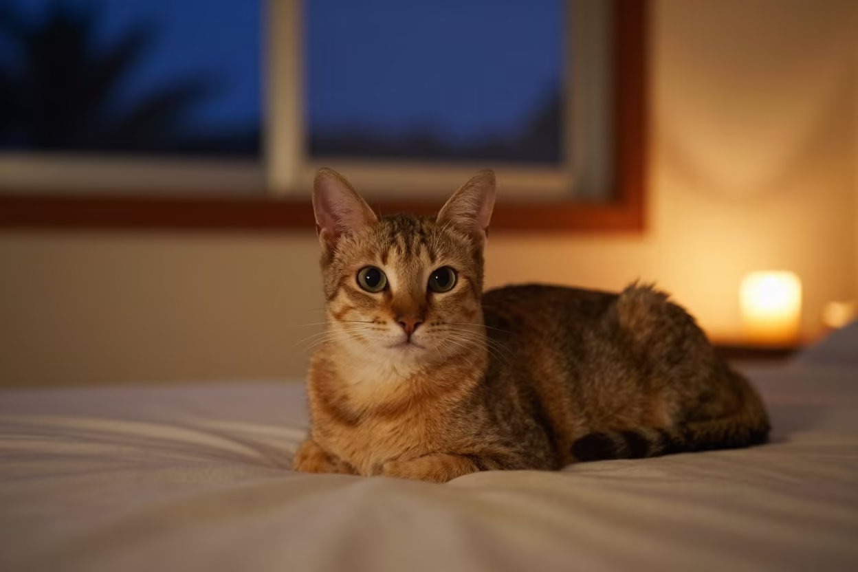 Khaomanee Cat Lounging in Candlelight in on a bedspread near a bright window with calm indoor light in Fortaleza