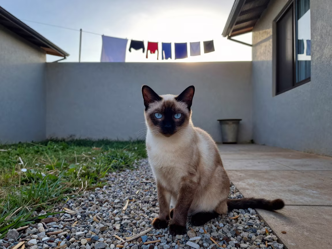 Khaomanee Cat on Durban Porch in Evening Light in beside a plain courtyard wall in clear daylight with the animal at eye level in Durban