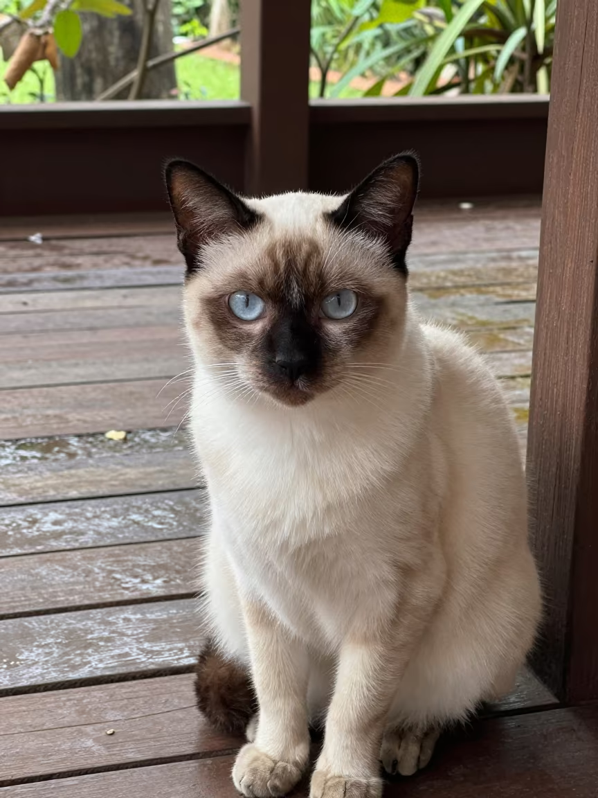 Khaomanee Cat on Shaded Colaba Porch in near a garden edge with soft morning light and an uncluttered background near Colaba, Mumbai