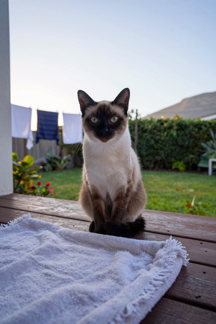 Khaomanee Cat on Woodstock Porch Morning Light in near a garden edge with soft morning light and an uncluttered background near Woodstock, Cape Town