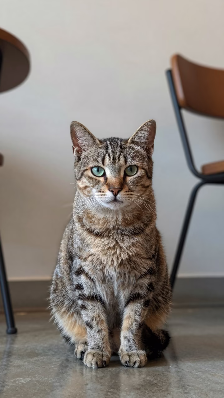 Khaomanee Cat Portrait in Kunming Room in beside a plain plaster wall in soft indoor light with the animal centered in frame in Kunming