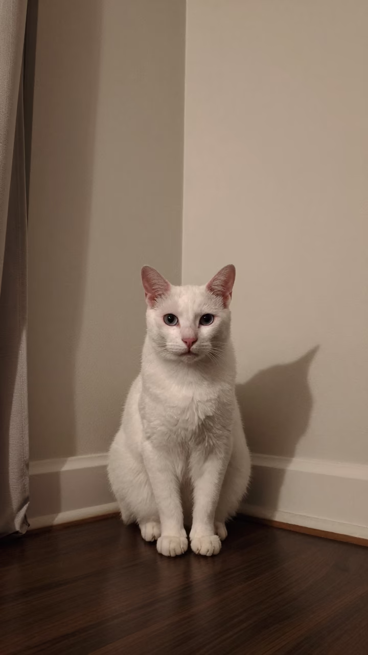 Khaomanee Cat Portrait in Soft Indoor Light in beside a plain plaster wall in soft indoor light with the animal centered in frame near Boston