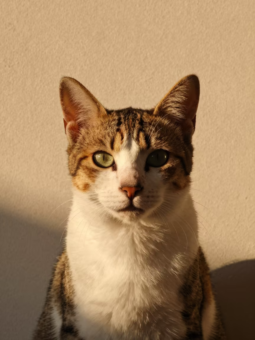 Khaomanee Cat Portrait in Warm Indoor Light in beside a plain plaster wall in soft indoor light with the animal centered in frame in San Salvador