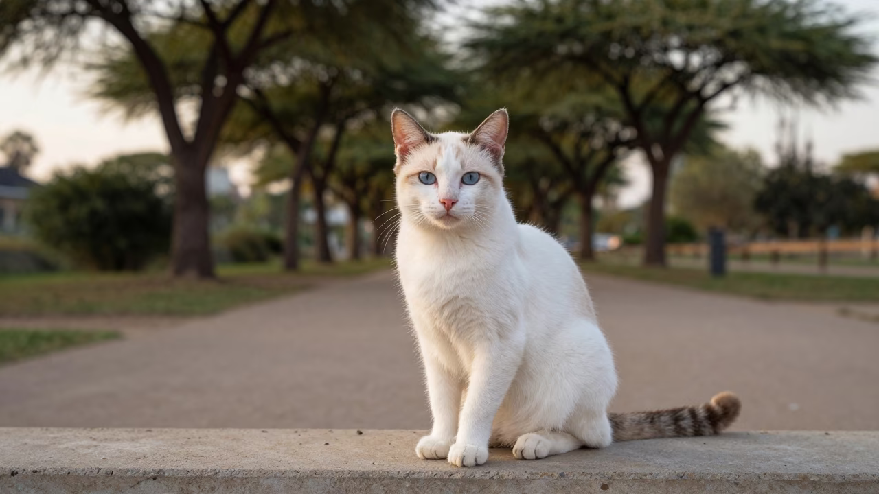 Khaomanee Cat Portrait on M'Bour Park Path in along a quiet park path with soft open shade and a clean background in M'Bour