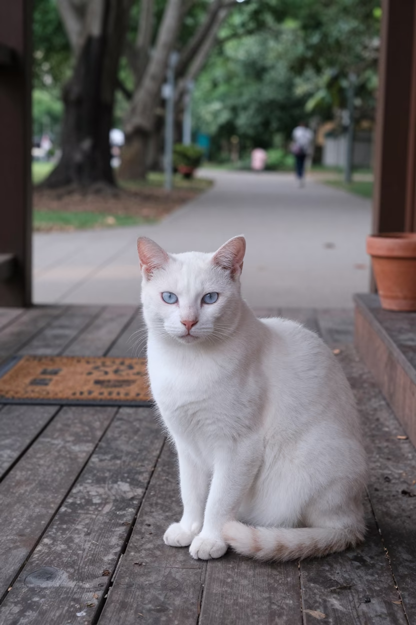 Khaomanee Cat Resting on Shaded Bendigo Porch in along a quiet park path with soft open shade and a clean background in Bendigo